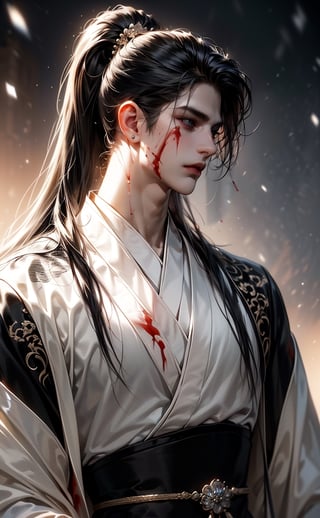 (BLACK_HAIRED_MALE_with_a little 
 bloody_wounds_on_his_face :1.5),wears white hanfu and the thick white plush shawl, high ponytail,best quality, masterpiece, beautiful and aesthetic, 16K, (HDR:1.4), high contrast, (vibrant color:0.5), (muted colors, dim colors, soothing tones:1.3), Exquisite details and textures, cinematic shot, Cold tone, (Dark and intense:1.2), wide shot, ultra realistic illustration,
(extreamly delicate and beautiful:1.2), 8K, (tmasterpiece, best:1.2), (LONG_BLACK_HAIR_MALE:1.5), (PERFECT SYMMETRICAL BLUE EYES:0), a long_haired masculine male, cool and determined, haggard_gaze, (wears white hanfu:1.2), and intricate detailing, finely eye and detailed face, Perfect eyes, Equal eyes, Fantastic lights and shadows、finely detail,Depth of field,,cumulus,wind,insanely Snowing day,very long hair,Slightly open mouth, long SILVER-WHITE hair,slender waist,,Depth of field, angle ,contour deepening,cinematic angle ,Enhance,profile,Face changing