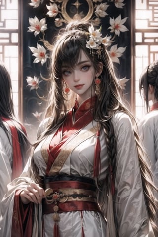 1female,(extreamly delicate and beautiful:1.2), 8K, (tmasterpiece, best:1.0), , (LONG_HAIR_FEMALE:1.5), Upper body, a long_haired female, cool and seductive, evil_gaze,  (wears white hanfu:1.2), and intricate detailing, and intricate detailing, finely eye and detailed face, Perfect eyes, Equal eyes, Fantastic lights and shadows、white room background、 Uses backlight and rim light,wind blowing hair,ancient chinese style,wears white hanfu,smile,Face to the right