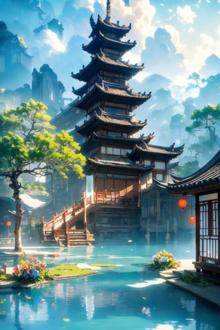 Picture from top to bottom,outdoors, sky, cloud, water, tree, no humans, building, scenery, reflection, lantern, stairs, architecture, east asian architecture,Chinese Architecture, blue lotus pond,Surreal composition,Buildings scattered high and low,looking down from the sky, looking down, overlooking perspective,morning sky,