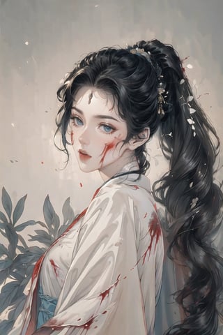 (BLACK_HAIRED_MALE_with_a little
bloody_wounds_on_his_face :1.5),wears white hanfu and the thick white plush shawl, high ponytail,best quality, masterpiece, beautiful and aesthetic, 16K, (HDR:1.4), high contrast, (vibrant color:0.5), (muted colors, dim colors, soothing tones:1.3), Exquisite details and textures, cinematic shot, Cold tone, (Dark and intense:1.2), wide shot, ultra realistic illustration,
(extreamly delicate and beautiful:1.2), 8K, (tmasterpiece, best:1.2), (LONG_BLACK_HAIR_MALE:1.5), (PERFECT SYMMETRICAL BLUE EYES:0), a long_haired masculine male, cool and determined, haggard_gaze, (wears white hanfu:1.2), and intricate detailing, finely eye and detailed face, Perfect eyes, Equal eyes, Fantastic lights and shadows、finely detail,Depth of field,,cumulus,wind,insanely Snowing day,very long hair, long SILVER-WHITE hair,slender waist,Remove coverage