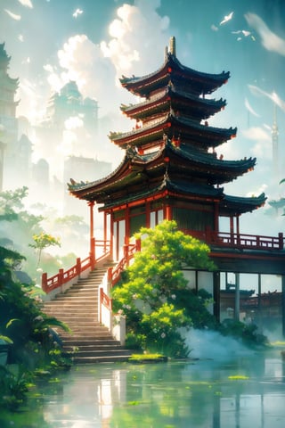 Picture from top to bottom,outdoors, sky, cloud,more tree and flower, no humans, building, scenery, reflection, lantern, stairs, architecture, east asian architecture,Chinese Architecture, Surreal composition,Buildings scattered high and low,looking down from the sky, looking down, overlooking perspective,morning sky,Sense of space, reduce redness,Many green plants