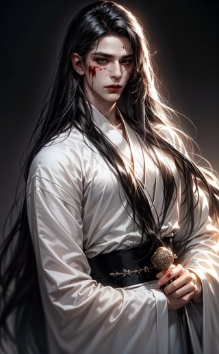 (BLACK_HAIRED_MALE_with_bloody_wounds_on_his_face :1.5),White ribbon covering eyes,wears white hanfu and the thick white plush shawl, best quality, masterpiece, beautiful and aesthetic, 16K, (HDR:1.4), high contrast, (vibrant color:0.5), (muted colors, dim colors, soothing tones:1.3), Exquisite details and textures, cinematic shot, Cold tone, (Dark and intense:1.2), wide shot, ultra realistic illustration,
(extreamly delicate and beautiful:1.2), 8K, (tmasterpiece, best:1.2), (LONG_BLACK_HAIR_MALE:1.5), (PERFECT SYMMETRICAL BLUE EYES:0), a long_haired masculine male, cool and determined, haggard_gaze, (wears white hanfu:1.2), and intricate detailing, finely eye and detailed face, Perfect eyes, Equal eyes, Fantastic lights and shadows、finely detail,Depth of field,,cumulus,wind,insanely NIGHT SKY,very long hair,Slightly open mouth, long SILVER-WHITE hair,slender waist,,Depth of field, angle ,contour deepening,cinematic angle ,Enhance,Remove covered area, remove scars