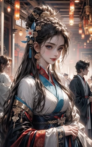 2 people, 1 female and 1male,face to face(extreamly delicate and beautiful:1.2), 8K, (tmasterpiece, best:1.0), , (LONG_HAIR_FEMALE:1.5), Upper body, a long_haired male, cool and seductive, evil_gaze, (wears white hanfu:1.2), and intricate detailing, and intricate detailing, finely eye and detailed face, Perfect eyes, Equal eyes, Fantastic lights and shadows、white room background、 Uses backlight and rim light,wind blowing hair,ancient chinese style,wears light blue hanfu,smile