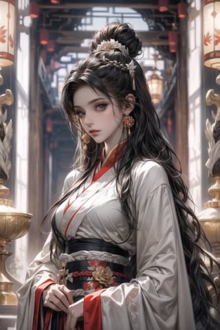 1female,(extreamly delicate and beautiful:1.2), 8K, (tmasterpiece, best:1.0), , (LONG_HAIR_FEMALE:1.5), Upper body, a long_haired female, cool and seductive, evil_gaze,  (wears white hanfu:1.2), and intricate detailing, and intricate detailing, finely eye and detailed face, Perfect eyes, Equal eyes, Fantastic lights and shadows、white room background、 Uses backlight and rim light,wind blowing hair,ancient chinese style,black-hair
