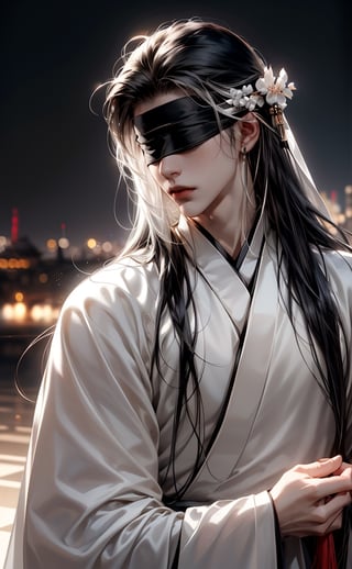 (BLACK_HAIRED_MALE:1.5) ,(blindfolded with white  in front of his eyes:1.5) best quality, masterpiece, beautiful and aesthetic, 16K, (HDR:1.4), high contrast, (vibrant color:0.5), (muted colors, dim colors, soothing tones:1.3), Exquisite details and textures, cinematic shot, Cold tone, (Dark and intense:1.2), wide shot, ultra realistic illustration, 
(extreamly delicate and beautiful:1.2), 8K, (tmasterpiece, best:1.2), (LONG_BLACK_HAIR_MALE:1.5), (PERFECT SYMMETRICAL BLUE EYES:0), a long_haired masculine male, cool and determined, evil_gaze, (wears black hanfu:1.2), and intricate detailing, finely eye and detailed face, Perfect eyes, Equal eyes, Fantastic lights and shadows、finely detail,Depth of field,,cumulus,wind,insanely NIGHT SKY,very long hair,Slightly open mouth, long SILVER-WHITE hair,slender waist,,Depth of field, angle ,contour deepening,cinematic angle ,Enhance,wears all black hanfu,Remove coverage area