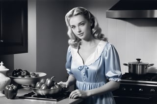 beautiful blonde in (Blue nightgown), cooking bell peppers, fruits, (gray scale, Blue Accent), ,halsman