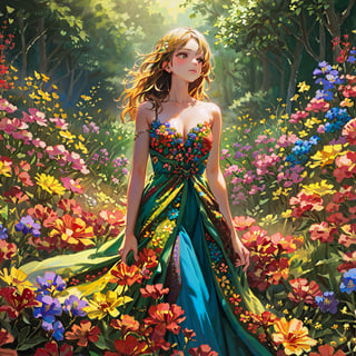 masterpiece, 4K resolution, high definition, ultra-detailed, A majestic masterpiece unfolds in stunning 8K resolution. A breathtakingly beautiful woman, her gown crafted entirely from vibrant flowers, stands amidst a kaleidoscope of colorful blooms in the Sea of Flowers. Her delicate hands, spread wide, appear to be embracing the very essence of nature as petals and stems meld seamlessly into the meadow's verdant carpet. The raw, high-definition image bursts with vivid colors, a true marvel of ultra-detailed realism.