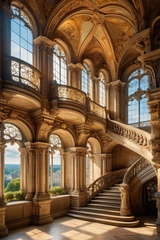 Aerial perspective reveals a breathtaking Rococo-inspired setting: grand castle hall with ornate pillars and sweeping stairs, juxtaposed against ancient ruins' crumbling structures. City streets stretch out, lined with wild pollyps on corners, bathed in warm cinematic lighting. The camera pans across intricate stone carvings, majestic archways, capturing whispers of history as sunlight dances through stained glass windows.