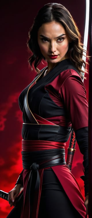 Gal Gadot as a katana wielding ninja, Gal Gadot stands poised against a dark crimson-illuminated background, her black and red kunoichi attire emphasizing dramatic tension. She wears a focused expression, her eyes burning with intensity, as she grips the hilt of her gleaming katana. The framing darkness accentuates the deep crimson hues, while the lacquered crimson accents on her hand seem to pulse with anticipation.