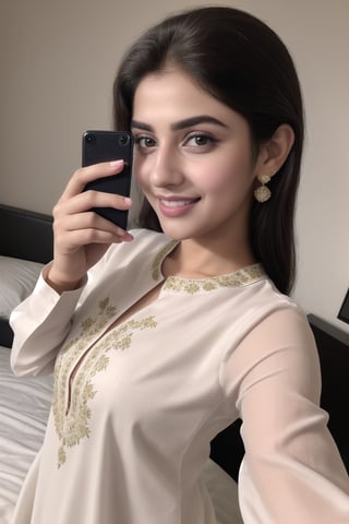  A stunning 18-year-old pakistani beauty,,small tits taking a mirror selfie in his bed room with piercing black eyes and a radiant smile, captured in hyper-realistic detail. She is dressed in a white printed shalwar kameez