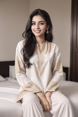  A stunning 18-year-old pakistani beauty,,sit in his bed room with piercing black eyes and a radiant smile, captured in hyper-realistic detail. She is dressed in a white printed shalwar kameez