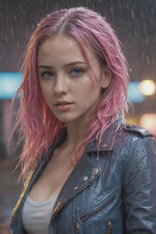 masterpiece, best quality, ultra realistic illustration, 16K, (HDR), high resolution, women only, (long pink hair: 1.3), slim and attractive body ratio, 1 girl with pink hair and blue eyes (wearing a leather jacket , a light blue jean with small rips, and some sneakers), full body In the shot, the rain is wetting all of her hair, face and body, (under the rain), (wet hair), body and clothes wet from the rain ), you can see how the water wets her entire body, (very detailed background of a night city, with neon lights, blue violet and pink neon lights, adds more details, magical color, perfect fingers, girl, wet hair , wet face, wet body and clothes, 