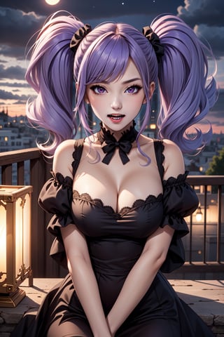 (masterpiece),  1girl,  best quality,  expressive eyes,  perfect face,  large breasts,  (young woman),  mega twintails,  (light purple hair BREAK) red eyes BREAK mega twintails, black dress, victorian clothes, dark clouds, night, fullmoon, open mouth, fangs, balcony, (vampire, pale skin:1.2), upper_body 