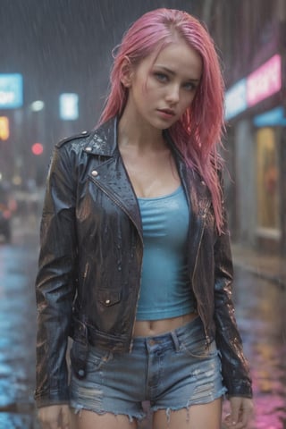 masterpiece, best quality, ultra realistic illustration, 16K, (HDR), high resolution, girl only, (long pink hair: 1.3), slim and attractive body ratio, 1 girl with pink hair and blue eyes (with a leather jacket, a torn light blue jean, and some sneakers), full body In the shot, the rain is wetting all of his hair, face and body, (under the rain), (wet hair), body and clothes wet by the rain), you can see how the water wets her entire body, (very detailed background of a night city, with neon lights, blue violet and pink neon lights, add more details, magical color, perfect fingers, girl, wet hair, wet face, wet body and clothes