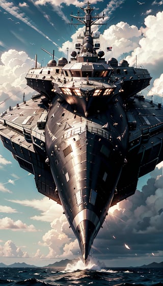 A breathtaking, high-definition shot: a majestic battleship, Yamato, hovers mid-air amidst a serene sky backdrop, inspired by Kancolle's Kantai Collection style. Below, the warship's imposing form fills the frame, as flying ships - Kirokaze and Paul Robertson designs - dot the horizon. Fujita Goro's signature artistry brings this 2012 anime screenshot to life!