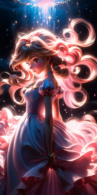 Airbrushing (Beautiful mystical allure) long swirling hair, smart, environment, Using airbrushing for art, often for smooth gradients, spray effects, or automotive art, 1 girl, anime, princess peach