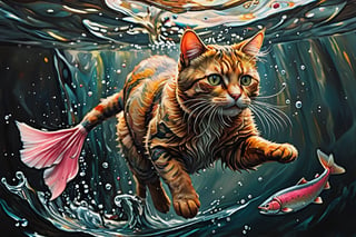 in alcohol ink, an action shot of a Cat chasing pink salmon, encaustic, perfect composition, beautiful detailed intricate insanely detailed octane render trending on artstation, 8 k artistic photography, photorealistic concept art, soft natural volumetric cinematic perfect light, chiaroscuro, award - winning photograph, masterpiece, oil on canvas, raphael, caravaggio, greg rutkowski, beeple, beksinski, giger