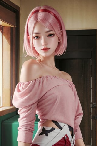 masterpiece, best quality, photorealistic, raw photo, 1girl, long hair, blouse, light smile, detailed skin, pore, off_shoulder, Realism, pink hair