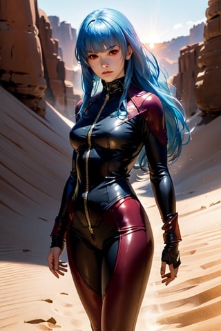 ((Alone:1.4)), ((Solo:1.4)), ((MEDIUM FULL SHOT:1.5)),realistic, masterpiece,best quality,High definition, (realistic lighting, sharp focus), high resolution,volumetric light, outdoors, dynamic pose, ,KOFKulaD, long hair, blue hair, red eyes, bangs, desert, noon, intense and shimmering sunlight