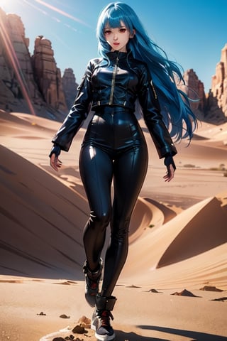 ((Alone:1.4)), ((Solo:1.4)), ((MEDIUM FULL SHOT:1.5)),realistic, masterpiece,best quality,High definition, (realistic lighting, sharp focus), high resolution,volumetric light, outdoors, dynamic pose, ,KOFKulaD, long hair, blue hair, red eyes, bangs, desert, noon, intense and shimmering sunlight