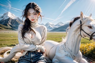 Here's the masterpiece prompt:

Capture a stunning 8K image of Karina, a gorgeous Korean girl, riding a majestic white dragon horse in an eye-level shot against the breathtaking backdrop of Snow-capped mountains and Mongolian grasslands at the lively Mongolian Horse Racing Festival. Her pale skin glows with a subtle blush as she smiles, her eyes rolling with playful abandon behind glowing pupils. Her long, light red hair falls to her waist in a fashionable hairstyle, framing her perfect face with its flawless features. She wears a green Turtleneck sweater that showcases her cleavage and sideboobs, paired with black see-through stockings and no underwear, exuding confidence and beauty. The camera captures the intricate details of her skin texture, detailed hair, and realistic facial expressions.