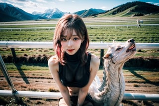 Here's the masterpiece prompt:

Capture a stunning 8K image of Karina, a gorgeous Korean girl, riding a majestic white dragon horse in an eye-level shot against the breathtaking backdrop of Snow-capped mountains and Mongolian grasslands at the lively Mongolian Horse Racing Festival. Her pale skin glows with a subtle blush as she smiles, her eyes rolling with playful abandon behind glowing pupils. Her long, light pink hair falls to her waist in a fashionable hairstyle, framing her perfect face with its flawless features. She wears a black Turtleneck sweater that showcases her huge breasts,cleavage and sideboobs, paired with black see-through stockings and no underwear, exuding confidence and beauty. The camera captures the intricate details of her skin texture, detailed hair, and realistic facial expressions.