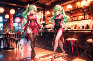 Two 20-year-old girls, smiling, with waist-length, wavy hair, side ponytails, red and gold cheongsam, stockings, high heels, and long pink-green hair, in a coffee shop