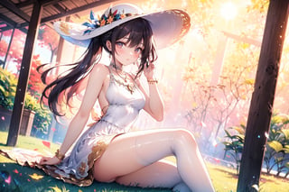 A whimsical afternoon scene: an 18-year-old girl sits serenely on lush green grass, long white locks flowing like silk in pigtails adorned with tiny bows, framing her radiant smile. An open-breasted dress exposes toned physique, paired with sheer stockings and high heels adding elegance. Delicate necklace glimmers around neck as she tilts sun hat with small foreign-inspired design towards the warm sunny day.