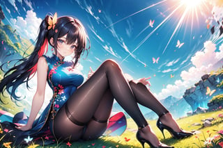 A 17-year-old girl, on a grassy slope, with long black hair, side ponytail, long wavy hair, light blue cheongsam, high heels, smiling, big bow headdress, butterfly,