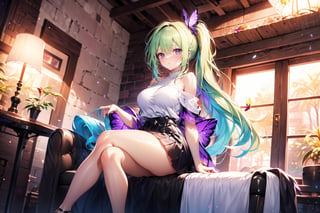 A 22-year-old girl with long hair above her waist, wavy hair, and a side ponytail, wearing a short-sleeved sweater, off-the-shoulder, tulle shawl, short skirt, high heels, light green long hair, light blue long hair, and purple in a B&B. Long hair, butterfly, big bow headband