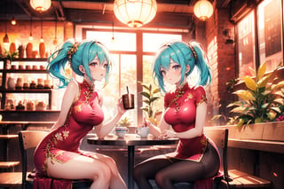 A warm and cozy coffee shop scene unfolds: Two vibrant 20-year-old girls, sporting waist-length, wavy locks and trendy side ponytails, radiate joyous smiles. They don striking red and gold cheongsam dresses, stockings, and high heels, exuding confidence and sophistication. In the midst of a lively atmosphere, their long pink-green hair flows like a river, as they sip coffee and indulge in conversation.