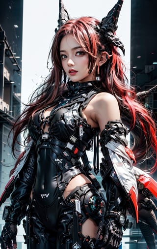 1girl, korean girl, big eyes, ((red hair)), solo break, ((big natural breasts)), masterpiece, best quality, highres, (multicolored hair:1.1), beautiful face, clas, awesome pose, ((black sexy tech bikini)), SilverWolfV5, urban techwear, ((half body view)),dragon ear