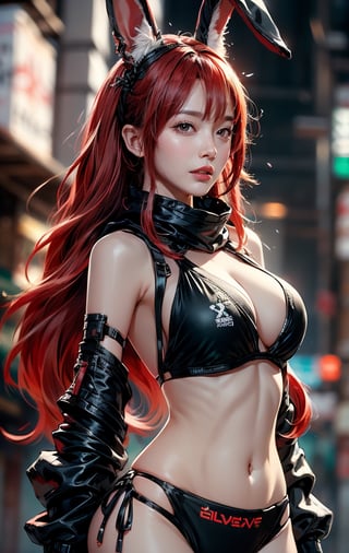 1girl, korean girl, big eyes, ((red hair)), solo break, ((big natural breasts)), masterpiece, best quality, highres, (multicolored hair:1.1), beautiful face, clas, awesome pose, ((black sexy tech bikini)), SilverWolfV5, urban techwear,cat ear,Rabbit ear,((half body view)),