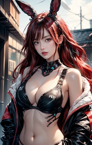 1girl, korean girl, big eyes, ((red hair)), solo break, ((big natural breasts)), masterpiece, best quality, highres, (multicolored hair:1.1), beautiful face, clas, awesome pose, ((black sexy tech bikini)), SilverWolfV5, urban techwear,cat ear,Rabbit ear,((half body view)),