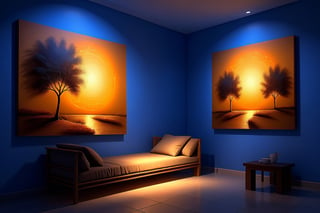 A wall painting that depicts a personal memory or experience, with an amber texture, and a blue hour lighting effect. The painting should be honest and reflective, with a focus on the use of light and color to create a sense of emotion and feeling. The amber texture should be used to create a sense of warmth and coziness, and the blue hour lighting effect should create a sense of peace and tranquility.
