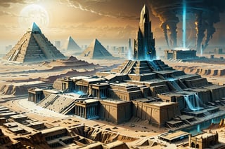 gigantic, mesopotamian, fortress ziggurat made of white marble, massive, desert, hazy, wide shot, isometric view, masterpiece, high_resolution,matte painting,Building_Egyptian,DonMC3l3st14l3xpl0r3rsXL,portrait,egyptTech,painted world,more detail XL,digital artwork by Beksinski,shadowrun_character,science fiction