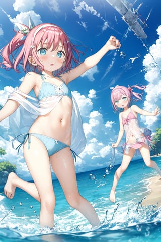 masterpiece, best quality, (2_girls:1.3),Petite, cute girls, (tolpess:1.3),collarbone,(niqqles:1.2),navel,water,sexy pose,(simple_background:1.3) ,pink_background,Pink colours,aqua_eyes, pink hair,blue hair,short hair,flower_hair_ornament,hairband,ponytail,side-tie_bikini_bottom, open clothes,strapless dress, 
,Transparent white, see_through,Floating_Clothes,Floating_Ribbon,Floating_hair,(low wings:0.8), High detailed,