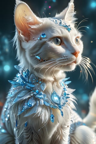 a anthropomorphic white cat,living,beautiful,with in neon light blue against its fur, adorned with colorful glowing glitter that sparkles like stars. The photo was taken by photographer Chen Man, and it showcases a cinematic texture. It is a masterpiece with exquisite details, capturing every detail oniits face. In this close shot, it standing tall wearing pearl earrings, creating a stunning effect.