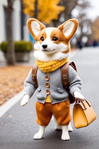 An anthropomorphic Corgi, dressing in cute , wearing fashionable retro style ,  walking on the street with small bags hanging from its neck. It has orange fur and big eyes, wearing brown pants, a yellow sweater with gray patterned buttons, a hat made of felt fabric, a handbag and backpack. The photo has a cute pose, standing posture and is a super realistic, full body. The photography has high definition.Head to body ratio 1:8