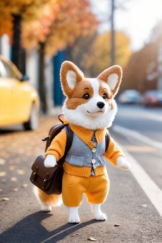 An anthropomorphic Corgi, dressing in cute , wearing fashionable retro style , is walking on the street with small bags hanging from its neck. It has orange fur and big eyes, wearing brown pants, a yellow sweater with gray patterned buttons, a hat made of felt fabric, a handbag and backpack. The photo has a cute pose, standing posture and is a super realistic, full body shot with cinematic light effects and depth of field. The photography has high definition.Perfect head to body ratio