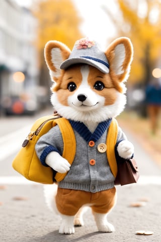 An anthropomorphic Corgi, dressing in cute , wearing fashionable retro style , is walking on the street with small bags hanging from its neck. It has orange fur and big eyes, wearing brown pants, a yellow sweater with gray patterned buttons, a hat made of felt fabric, a handbag and backpack. The photo has a cute pose, standing posture and is a super realistic, full body shot with cinematic light effects and depth of field. The photography has high definition.Head to body ratio 1:8