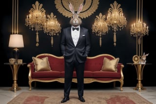 An anthropomorphic rabbit, in the style of Unreal Engine, wearing an exquisite suit and sunglasses, stands upright on his feet with one hand hanging down by his mouth, posing for photos in front of luxury decoration. A full body shot with movie light effects, warm tones, and a sense of mystery. The background includes luxurious decorations such as gold ornaments, a gorgeous sofa set, and a huge wall painting. High definition photography quality, bright colors, and a fashionable design.