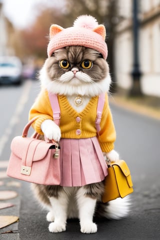 An anthropomorphic Persian cat, dressing in cute , wearing fashionable retro style ,  walking on the street with small bags hanging from its neck. It has white and orange fur and big eyes, wearing pink skirt, a yellow sweater , a hat made of felt fabric, a handbag and backpack. The photo has a cute pose, standing posture and is a super realistic, full body. The photography has high definition.Head to body ratio 1:8