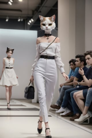 Anthropomorphic (cat),Fashion runway,Full body,(cat) wearing Chanel fashion clothes,anthropomorphic,high-end design style,beautiful ,A slender an slender figure,Milan Fashion Show,Full body,Dynamic capture of runway shows
