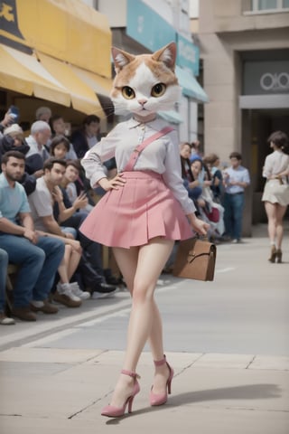 A anthropomorphic cat, cute,walking on the runway in a fashion dress and high heels, with a pink skirt, white blouse and shoulder bag. A full body shot of the cat from the front view, in the style of anime. The rendering was done with Unreal Engine at best quality.
