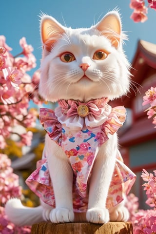 a anthropomorphic white cat,cute,wearing a pink and yellow floral short sleeved, round neck top with a ruffled collar design, colorful gradient floral print mini skirt, retro sunglasses, dynamic pose, vibrant background, in the style of Japanese anime with 3D rendering.