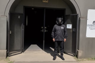 A anthropomorphic black dog, wearing security clothes, standing at the entrance of the community