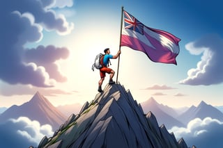 comic book illustration,comic art, climber at the top of a mountain with a white flag, graphic novel art, vibrant, highly detailed,3D,T-shirt design,illustration