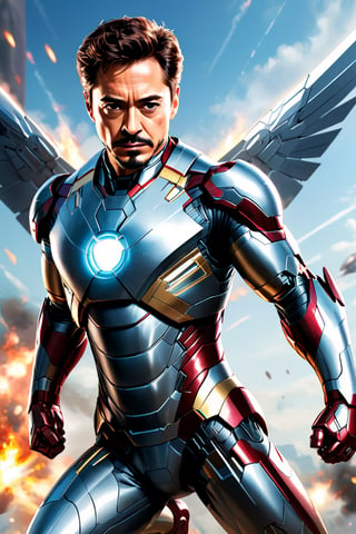 ((full body image of tony stark from iron man movie)) (( Action pose)),flying in a futuristic world, add wing yo his suit, (Masterpiece, Best quality), (finely detailed eyes), (finely detailed eyes and detailed face), (Extremely detailed CG, intricate detailed, Best shadow), conceptual illustration, (illustration), (extremely fine and detailed), (Perfect details), (Depth of field),more detail XL,action shot