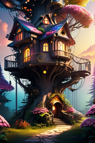 (Futuristic, covered with flower, fairytale treehouses, colourful painting, highly detailed, dynamic lighting, cinematic, realistic, photo-realistic, sunset, high contrast, denoising), Detailed textures, high quality, high resolution , high precision, realism, color correction, proper lighting settings, harmonious composition, Behance works, steampunk style, DonMF43XL